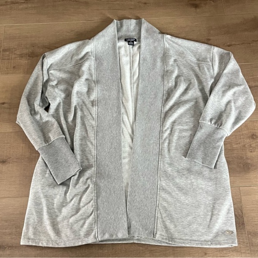Tahari Sport Women Open Front Long Cardigan Sweater Gray Knit Size XL Thumbholes - Picture 7 of 7